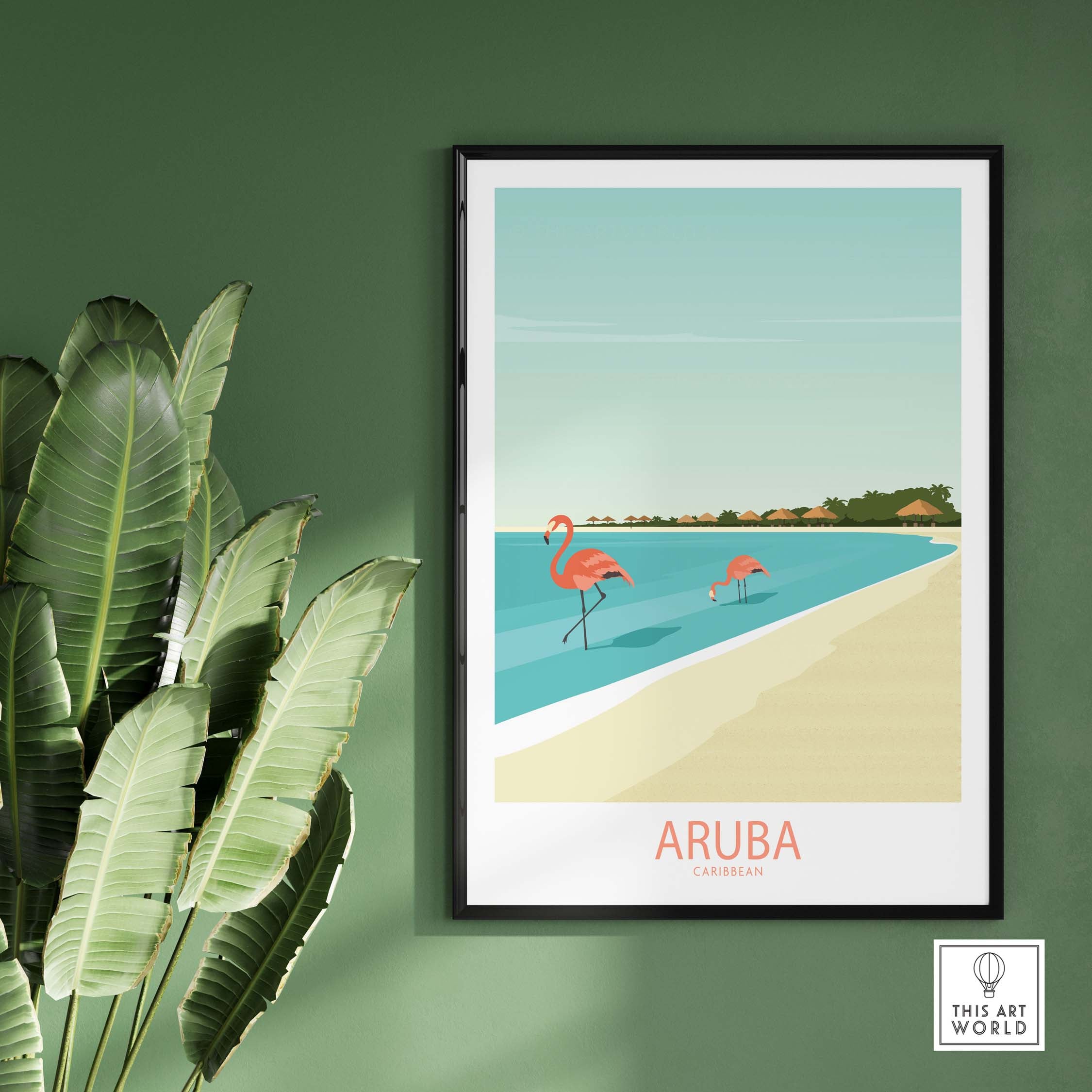 Aruba Caribbean poster featuring flamingos by the beach, framed art for stylish home decor.