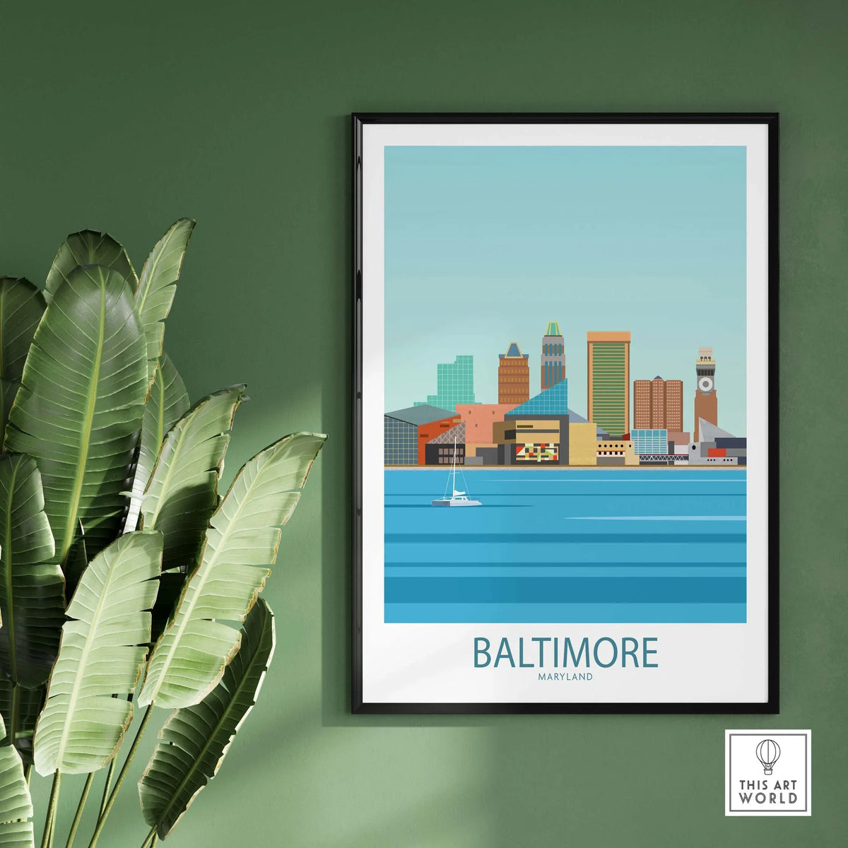 Baltimore Poster Maryland showcasing the city's skyline in a minimalist style, framed artwork for home or office decor.