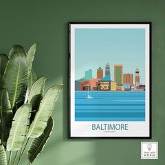 Baltimore Poster Maryland showcasing the city's skyline in a minimalist style, framed artwork for home or office decor.