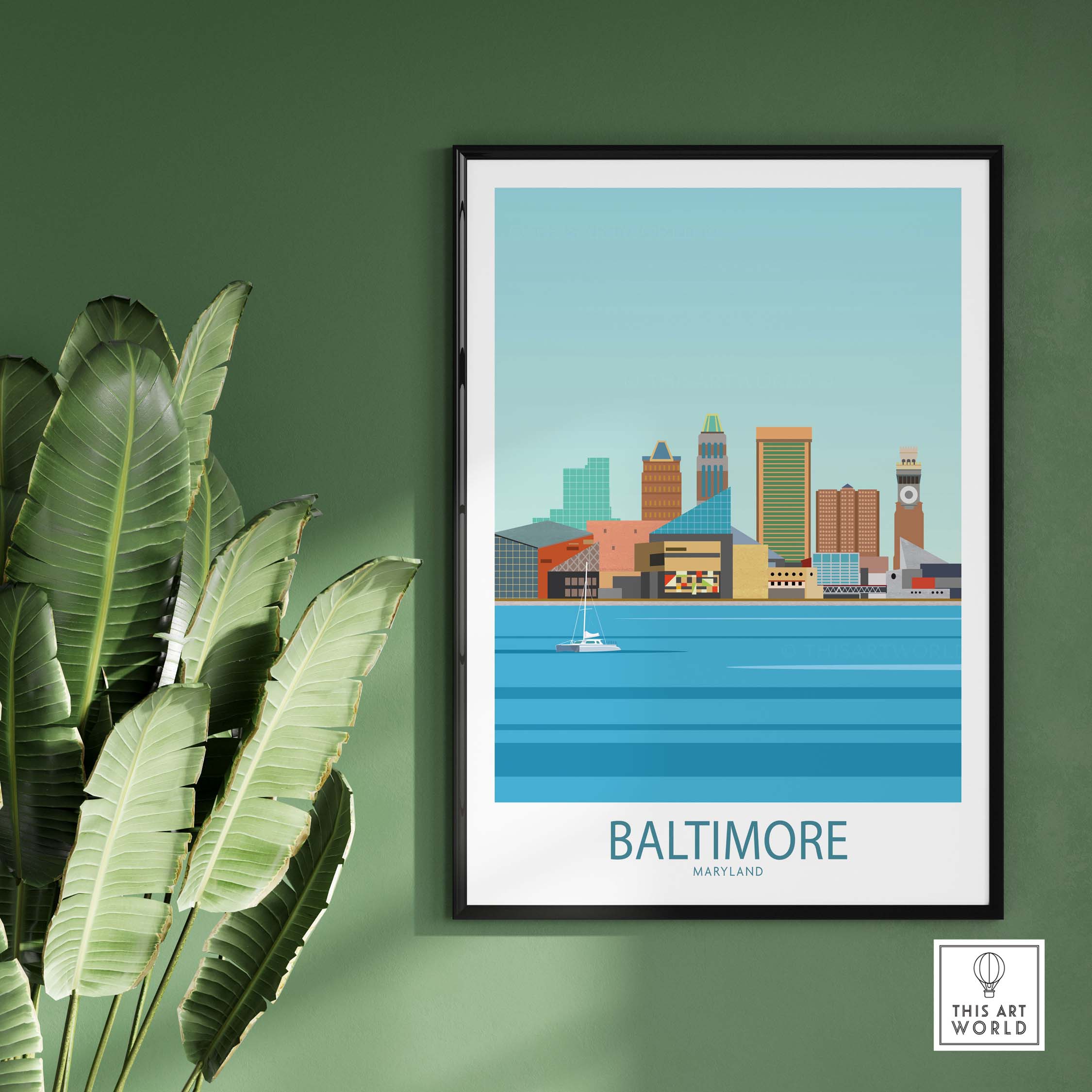 Baltimore Poster Maryland showcasing the city's skyline in a minimalist style, framed artwork for home or office decor.