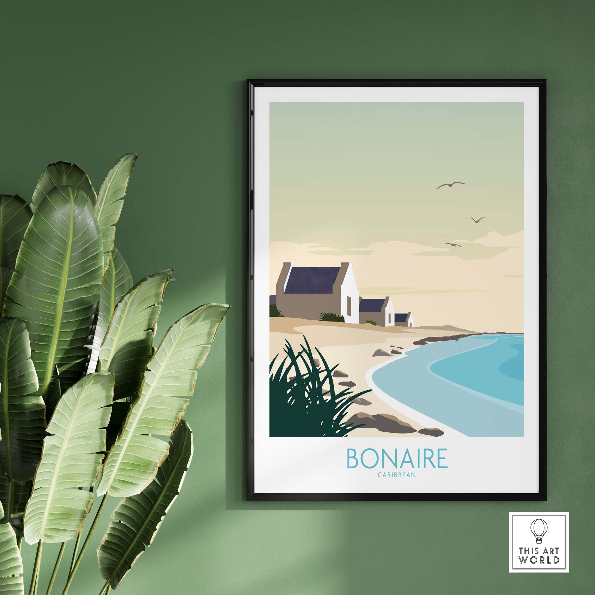 Bonaire Wall Art Print showcasing a serene beach scene and minimalist design, perfect for travel enthusiasts.
