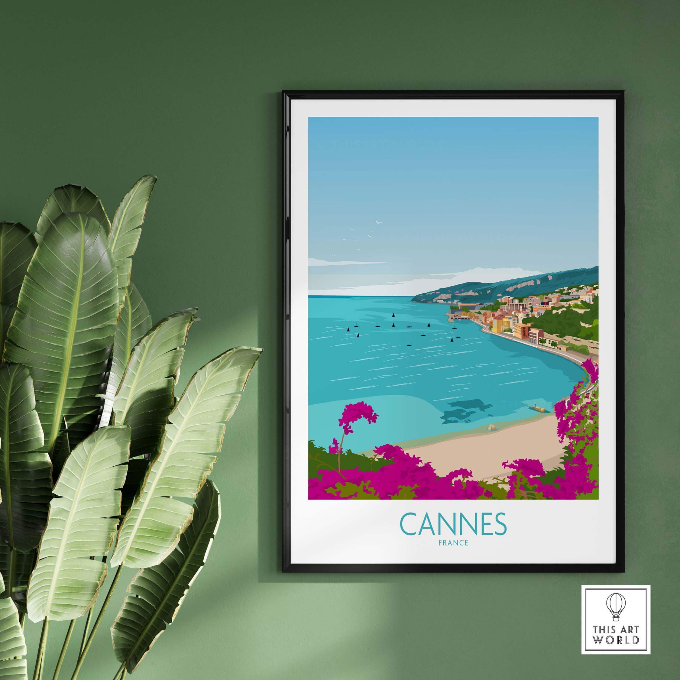 Cannes Print France artwork framed on green wall, showcasing vintage travel style with vibrant beach scenery.