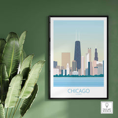 Chicago Skyline Print featuring a vintage-inspired design, framed against a green wall with lush plant accents.