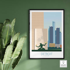 Detroit Wall Art Print featuring minimalist design and Michigan skyline against a green wall.