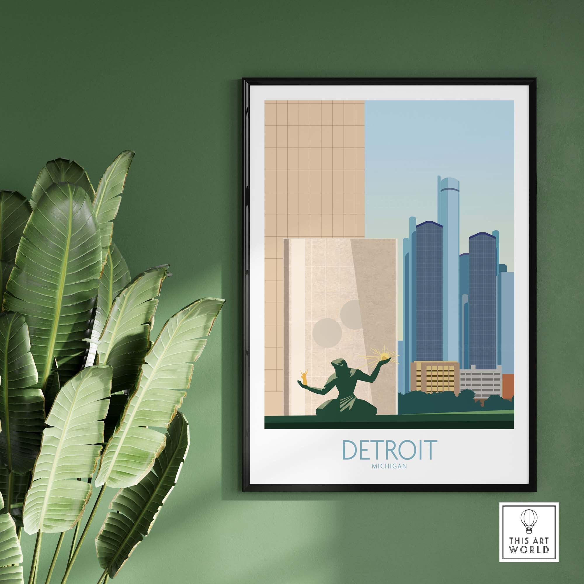 Detroit Wall Art Print featuring minimalist design and Michigan skyline against a green wall.