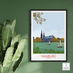 Hamburg Germany wall art print featuring a minimalist design of the cityscape with sailboats and greenery.