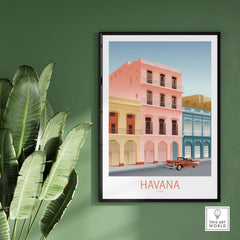 Havana Cuba wall art print featuring colorful vintage buildings and a classic car, perfect for travel-inspired decor.