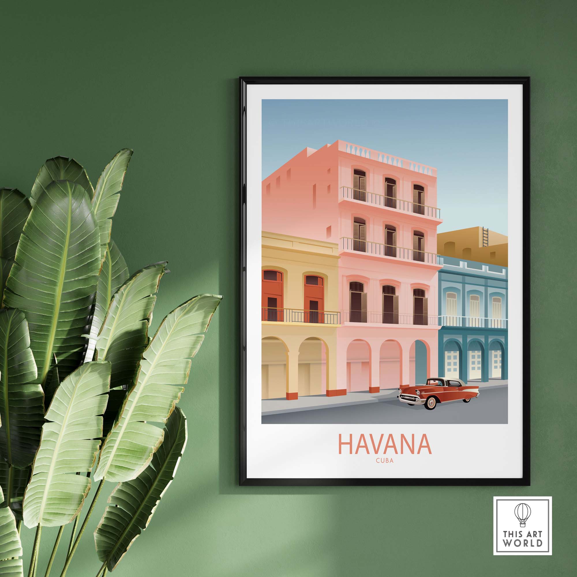 Havana Cuba wall art print featuring colorful vintage buildings and a classic car, perfect for travel-inspired decor.