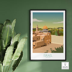 Israel wall art print featuring Jerusalem's skyline with vintage minimalist style, framed for stylish home decor.