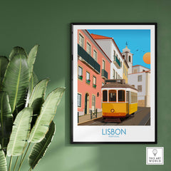 Lisbon wall art print featuring iconic yellow tram in a minimalist style, perfect for travel enthusiasts.