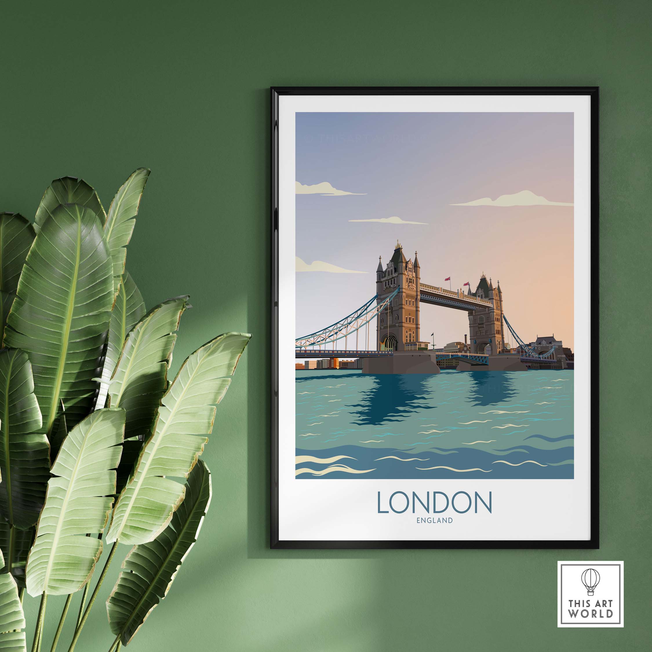London wall art print featuring Tower Bridge, minimalist England travel poster, perfect for home decor.
