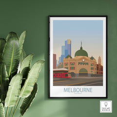 Melbourne poster featuring the iconic Flinders Street Station against a minimalist backdrop.