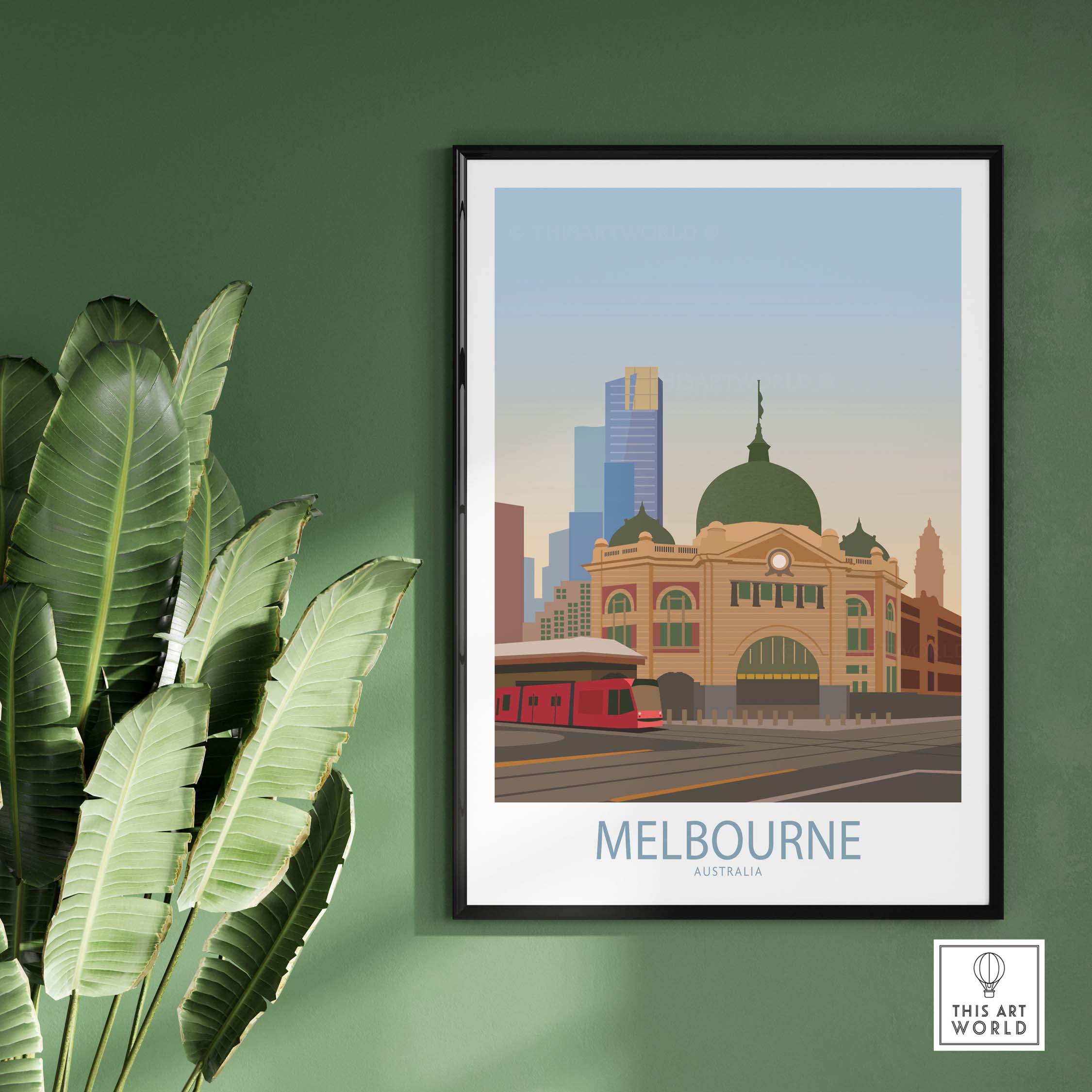 Melbourne poster featuring the iconic Flinders Street Station against a minimalist backdrop.