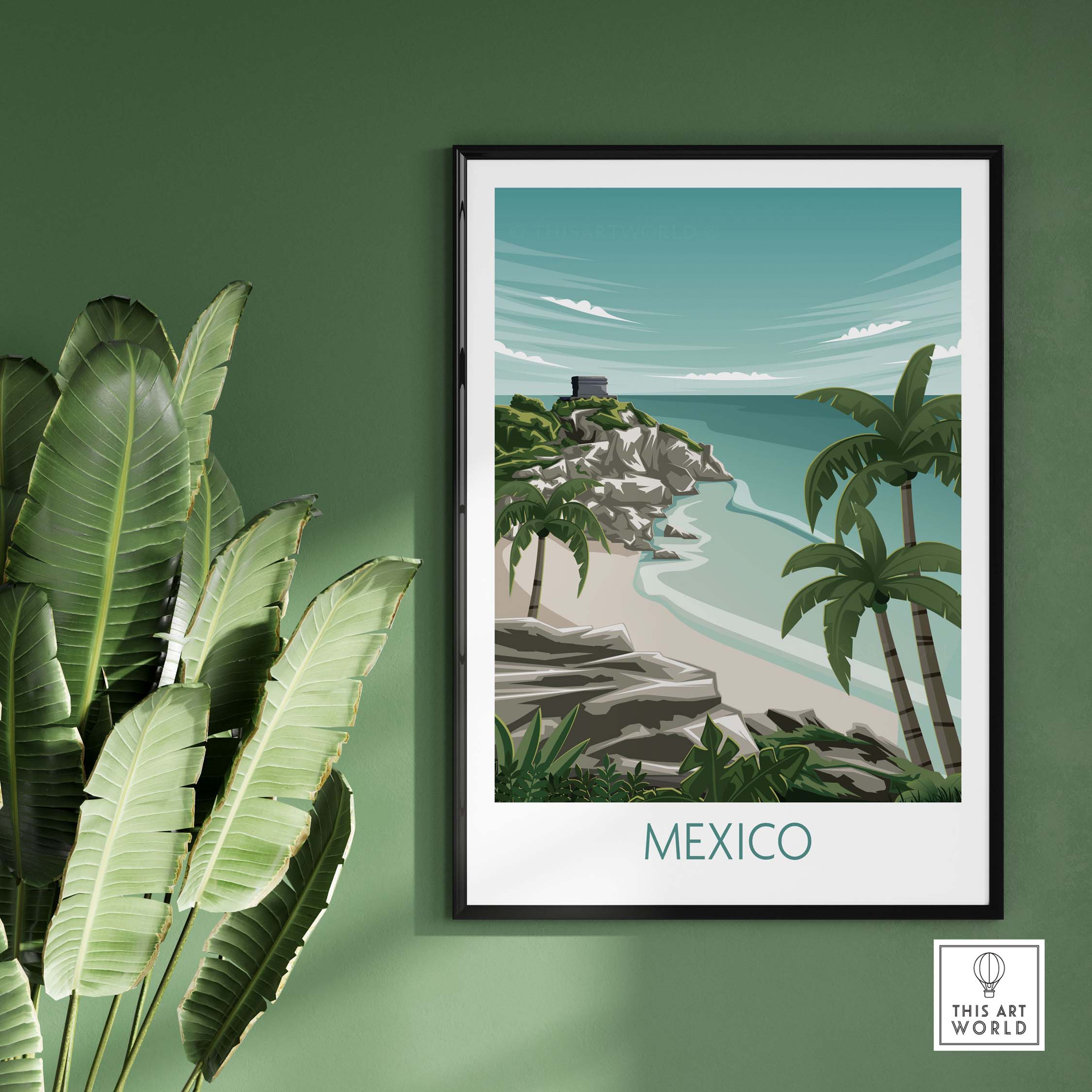 Mexico wall art print showcasing a serene beach scene with palm trees, framed in a stylish living space.