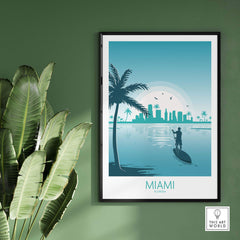 Miami wall art print featuring a minimalist design of the skyline and paddleboarder against a turquoise background.