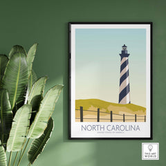 North Carolina wall art print featuring a lighthouse in a minimalist vintage style, perfect for home decor.