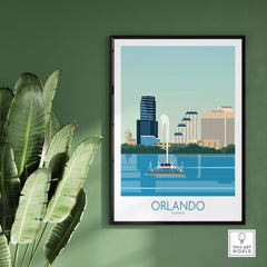 Minimalist Orlando Wall Art Print featuring the city skyline, framed, against a green wall with tropical plants.
