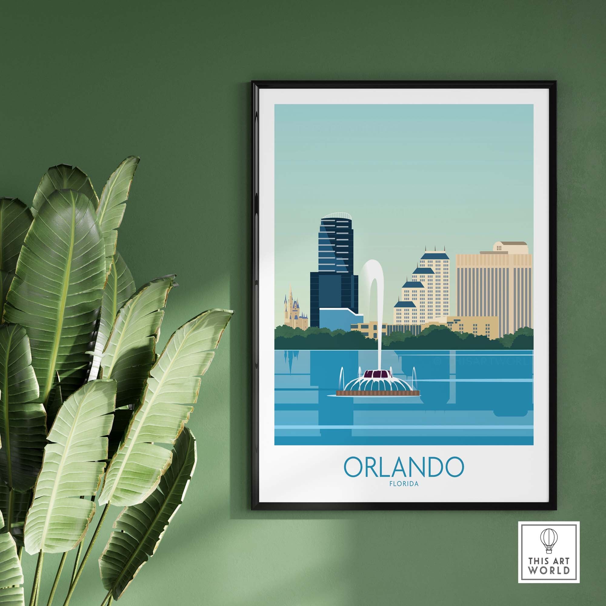 Minimalist Orlando Wall Art Print featuring the city skyline, framed, against a green wall with tropical plants.