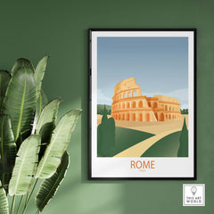 Framed Rome Wall Art Print featuring the Colosseum, perfect for home or office decor in a stylish green setting.
