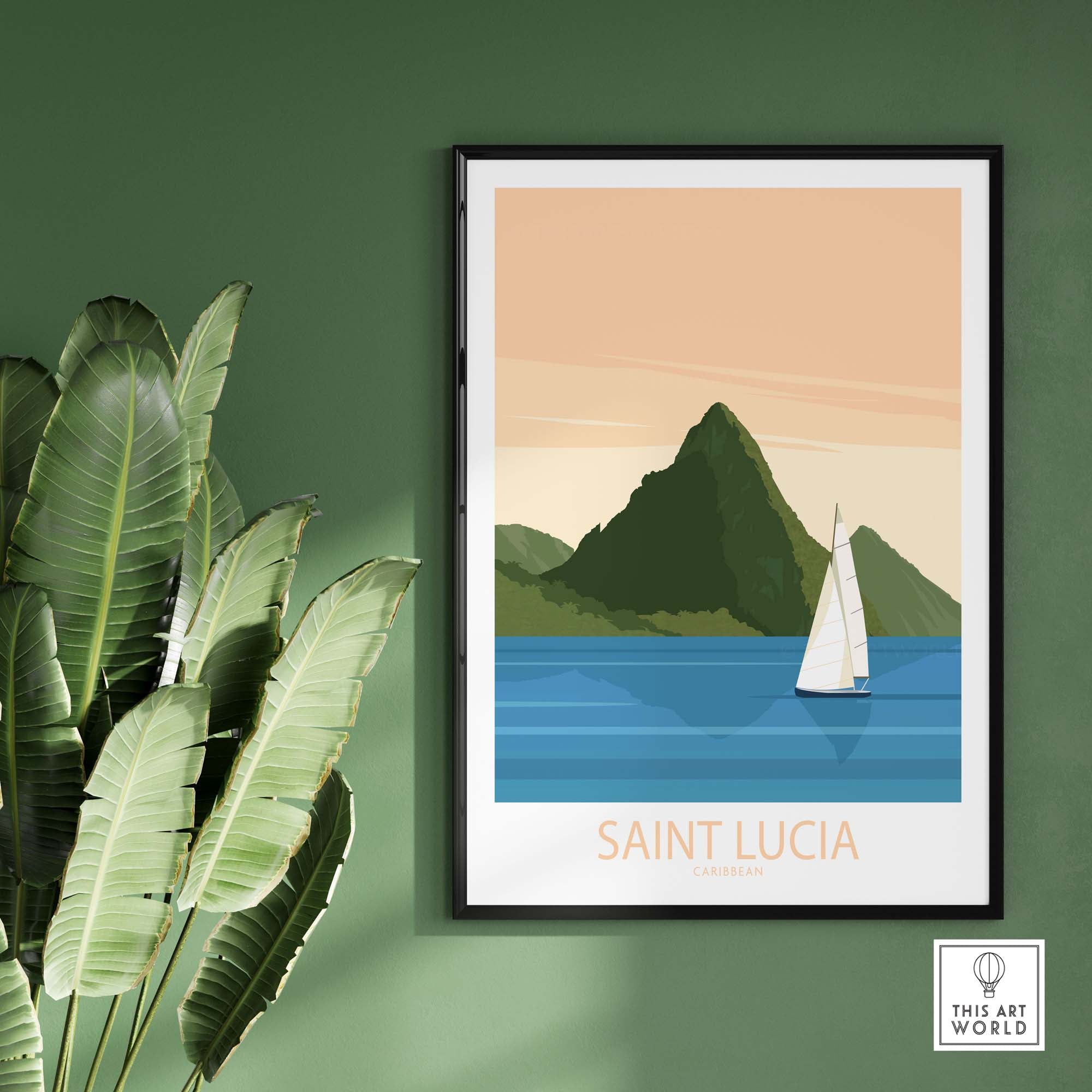 Saint Lucia Caribbean poster featuring a sailboat and lush mountains, perfect for travel-inspired wall art.