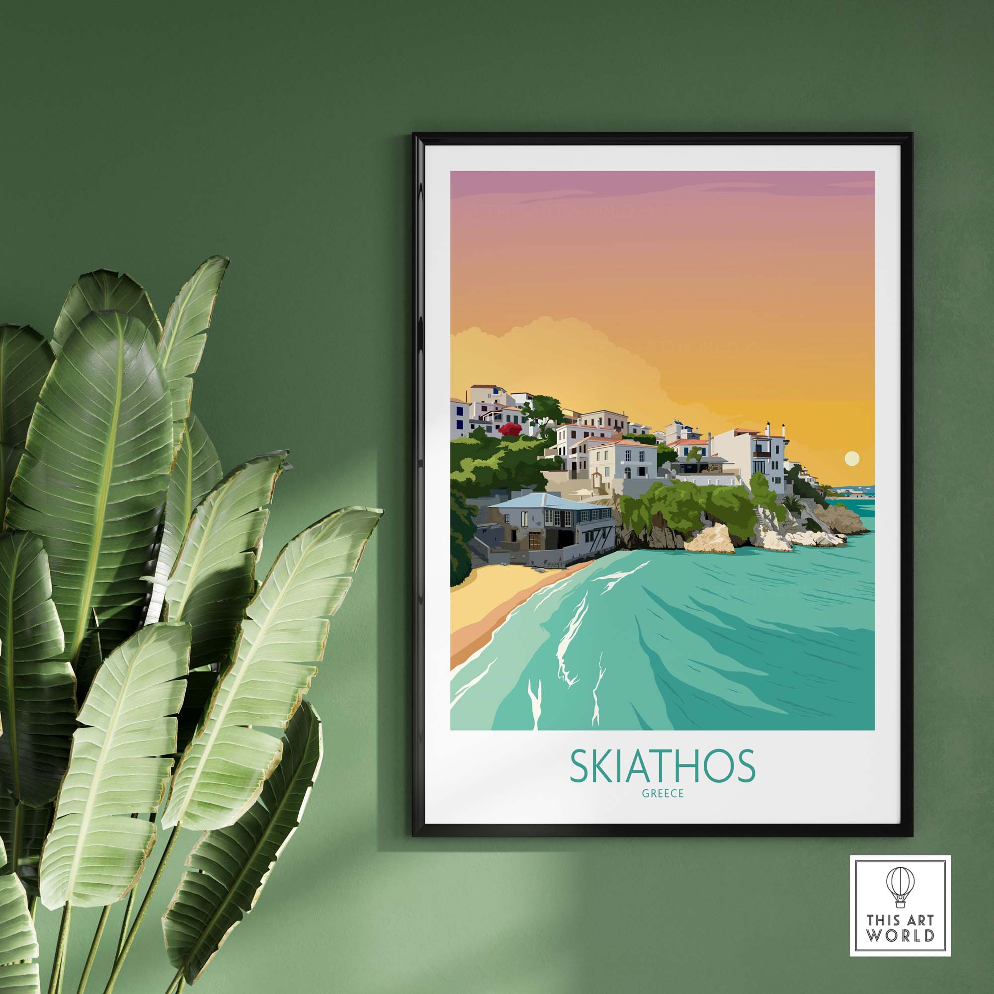 Skiathos wall art print featuring a coastal scene in Greece with vibrant colors, framed and ready for stylish decor.
