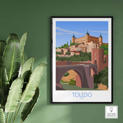 Toledo wall art print featuring scenic view of Toledo, Spain with green plants in the background.