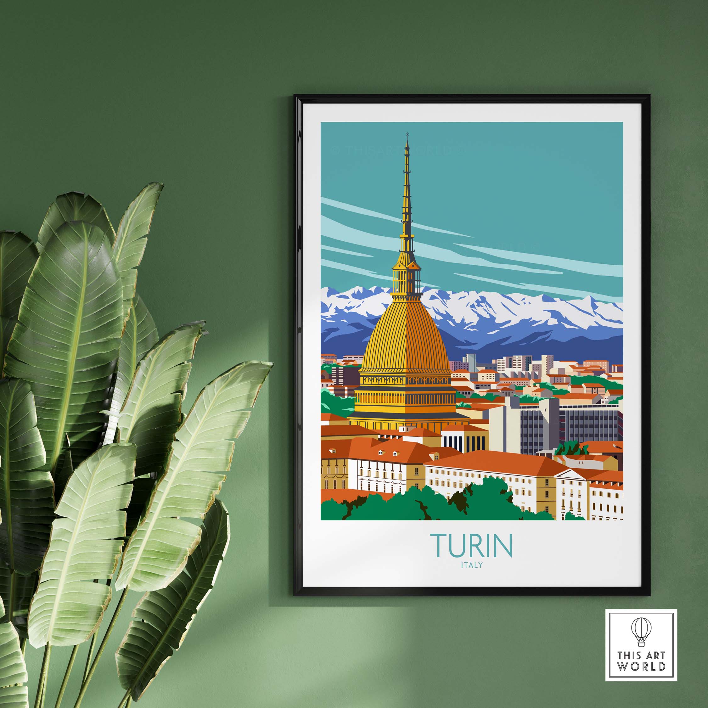Turin Wall Art Print featuring iconic architecture and mountains, a stylish travel poster for home decor.