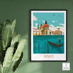 Venice Italy poster print featuring a gondola and vibrant cityscape, perfect for travel art decor in home or office.