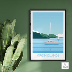 Virgin Islands wall art print featuring a minimalist sailboat design against a serene blue background.