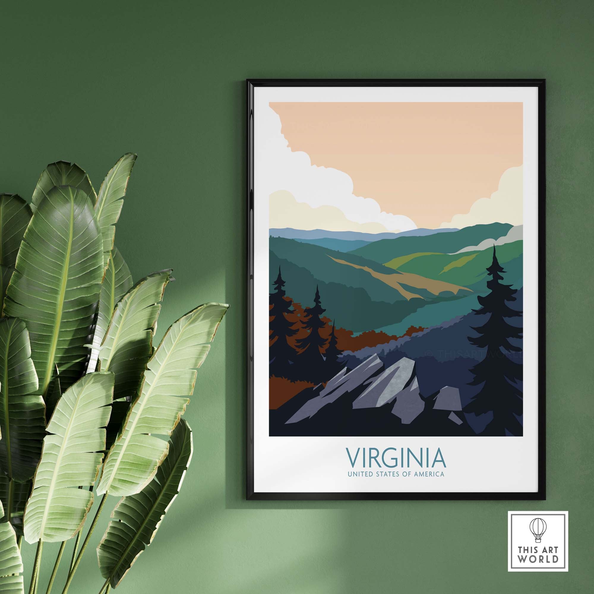 Virginia Wall Art Print showcasing mountains and trees in a minimalist vintage travel poster style.