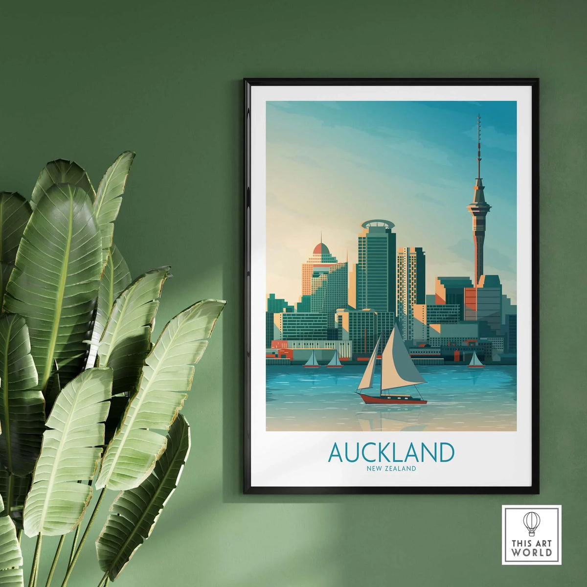 Auckland wall art print featuring a skyline of Auckland, New Zealand, with a sailboat and palm leaves.