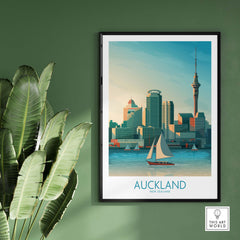 Auckland wall art print featuring a skyline of Auckland, New Zealand, with a sailboat and palm leaves.