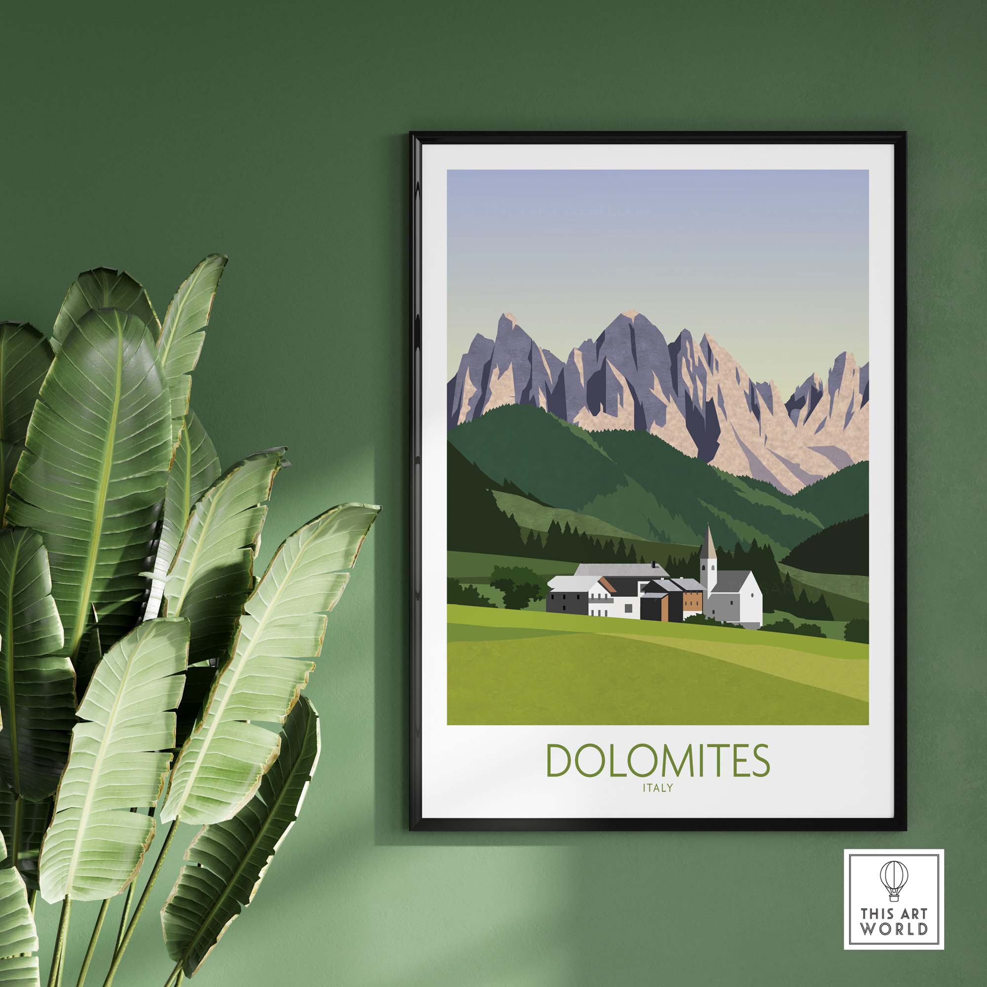 Dolomites wall art print featuring mountains and a house, inspired by vintage travel posters, in a minimalist style.