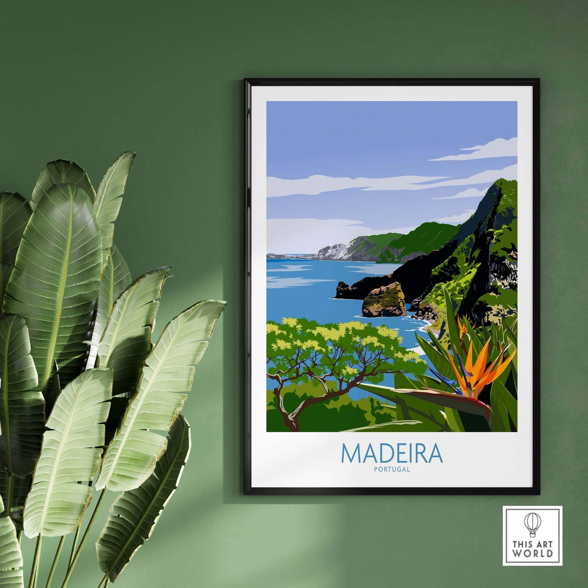 Madeira Print Portugal poster featuring vibrant landscape and tropical plants, perfect for home decor