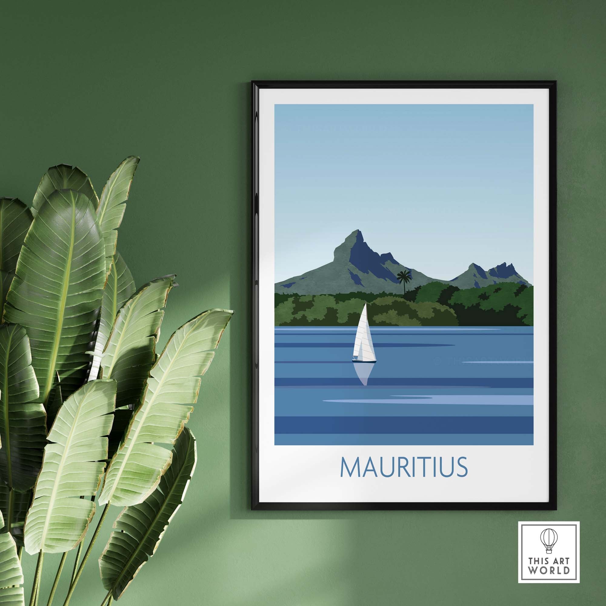 Mauritius print poster featuring a sailboat and mountains, designed in a minimalist vintage style.