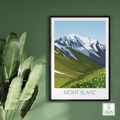 Mont Blanc travel poster print featuring mountains and greenery, designed in a clean minimalist style.