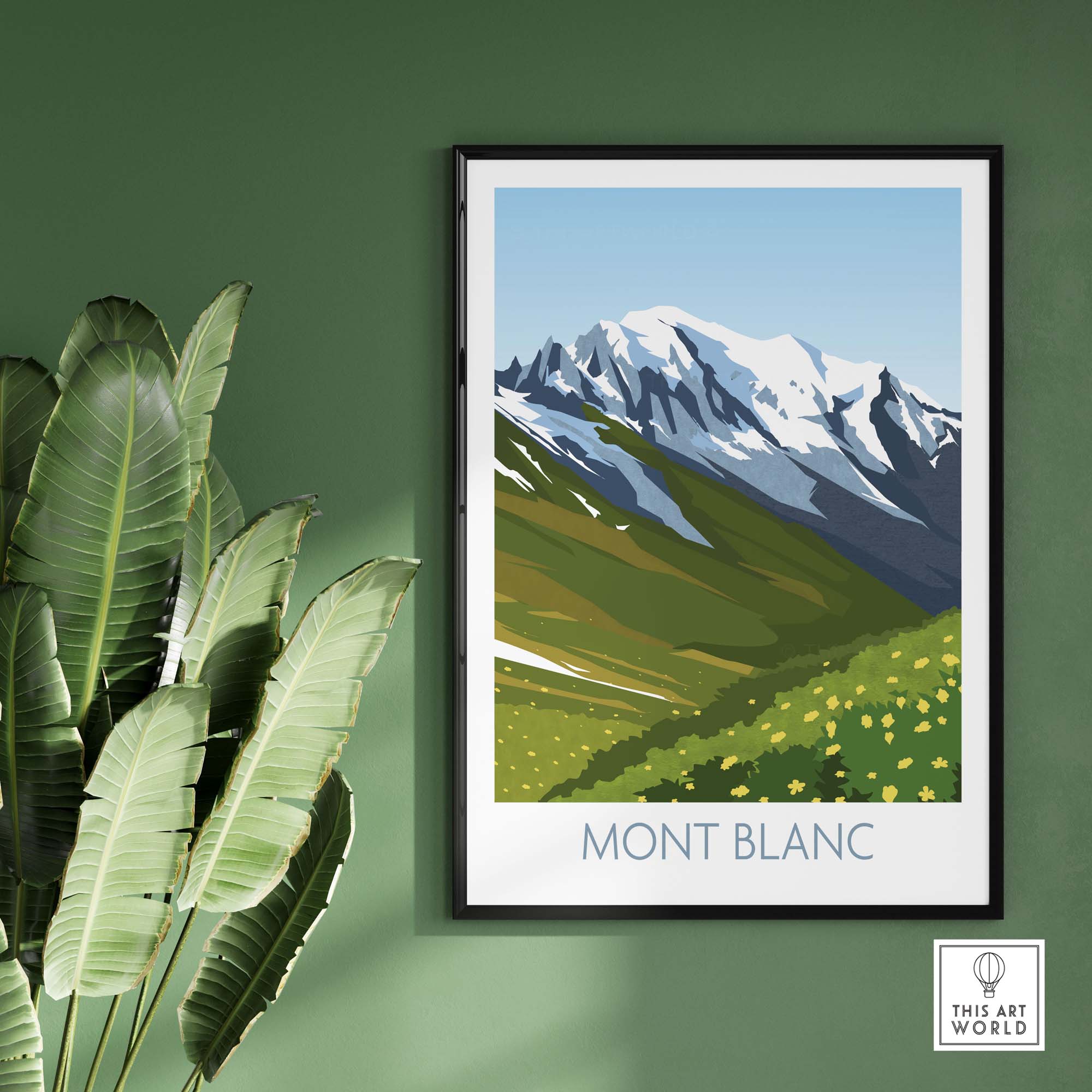 Mont Blanc travel poster print featuring mountains and greenery, designed in a clean minimalist style.