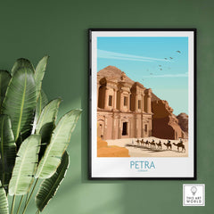 Framed Petra Wall Art Print featuring vintage-inspired minimalist design of Jordan's iconic landmark.