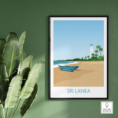 Sri Lanka wall art print featuring a serene beach scene with a boat and lighthouse, perfect for travel enthusiasts.