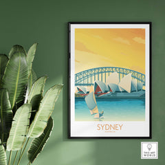 Sydney Print Australia poster showcasing a minimalist design of the Sydney Harbour and sailing boats.