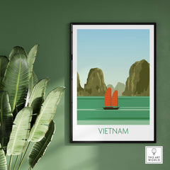 Vietnam travel poster print featuring traditional sailboats amidst scenic mountains in a minimalist design.