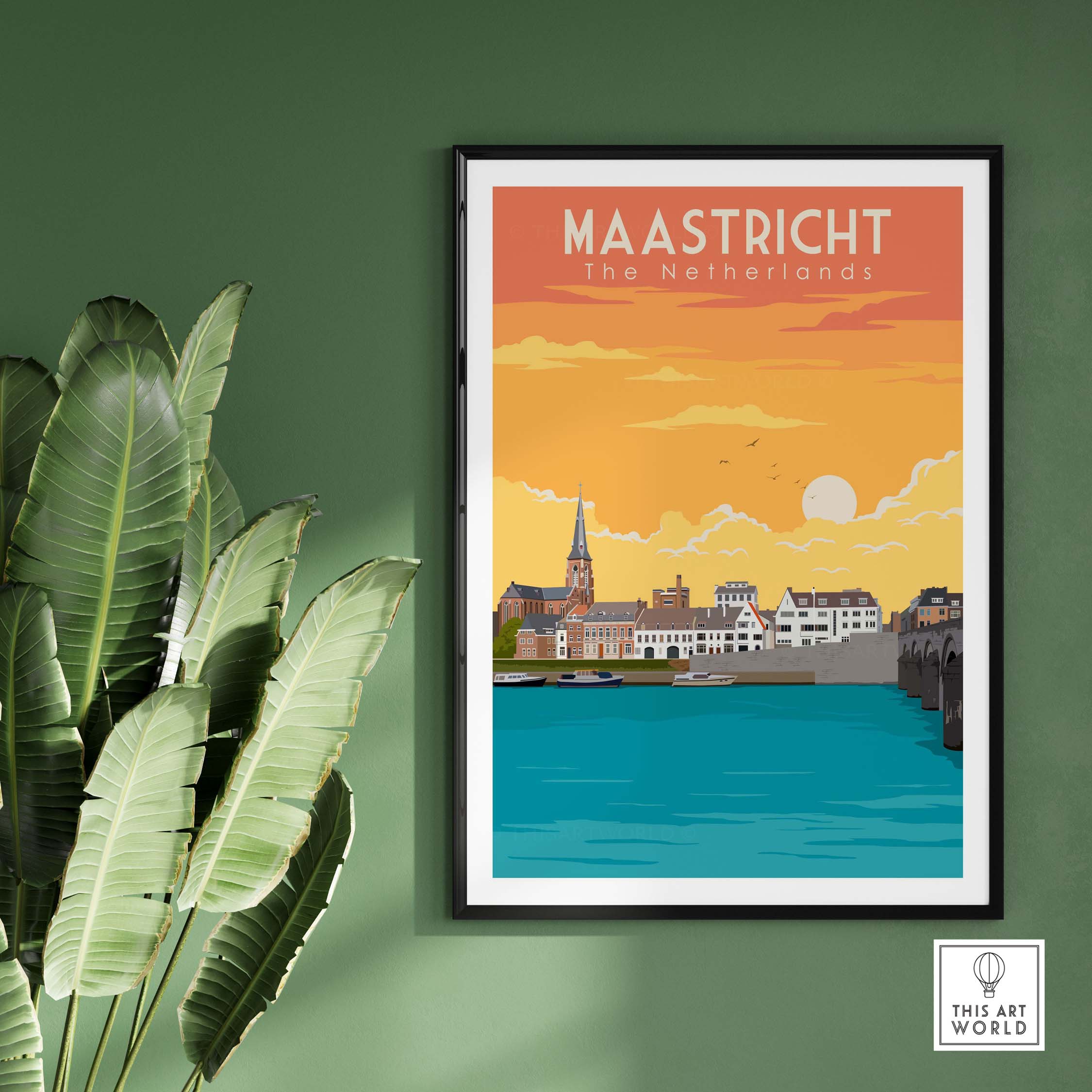 Maastricht Print travel poster featuring colorful architecture and a sunset over the Netherlands, perfect for home decor.
