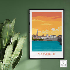 Maastricht travel poster featuring the sunset over the river, framed art print, vintage style decor from the Netherlands.