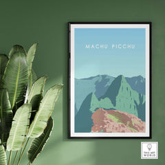 Machu Picchu Print Wall Art Poster featuring vibrant landscape art on a green wall with plants.