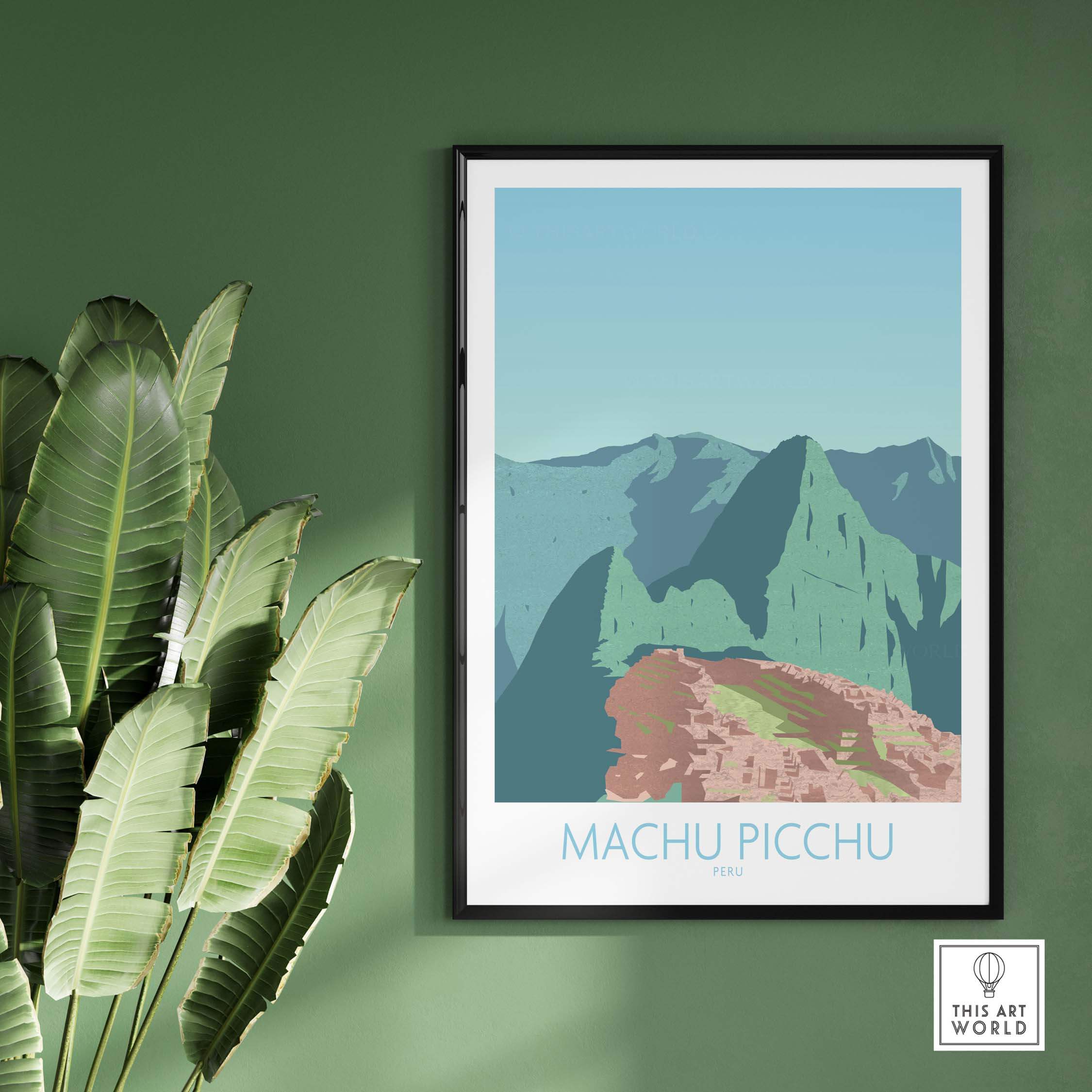 Machu Picchu Print framed on a green wall, showcasing vintage travel art inspired by Inca Trail landscapes.