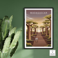 Madagascar Print featuring Avenue of the Baobabs in warm tones, framed artwork for home decor.