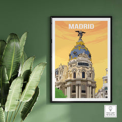 Vintage Madrid print poster featuring the iconic Metropolis building on a vibrant background.