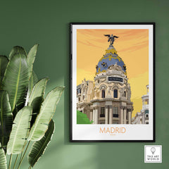 Madrid Spain poster featuring the iconic Metropolis building in vibrant colors and modern design.