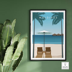 Maldives poster showcasing palm trees, beach chairs, and serene ocean view, perfect for home or office decor.