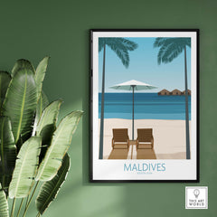 Maldives Print featuring beach chairs and palm trees, vintage-inspired wall art for travel lovers.